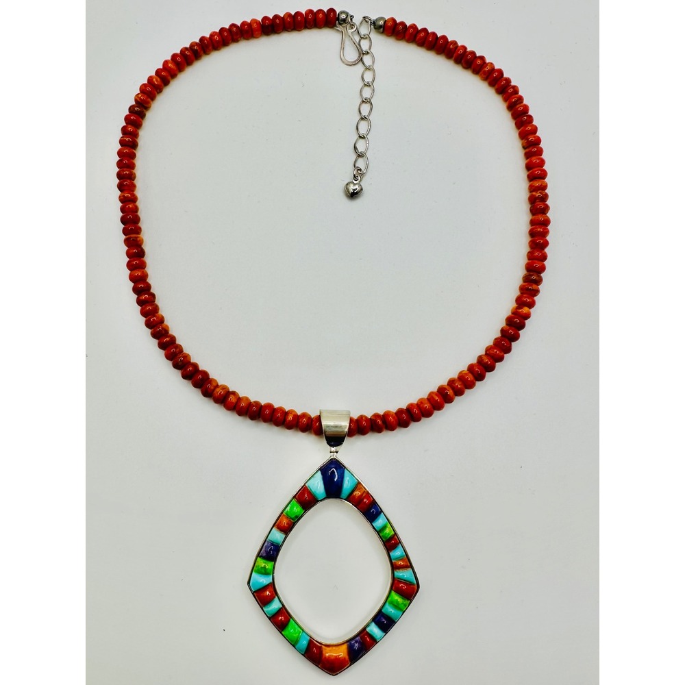 Sterling Silver Multi Stone Inlay Teardrop Pendant Red Beaded Necklace 18.5in